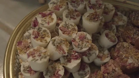 Close up view of delicious original sweets on display at a wedding Stock Footage 171921655