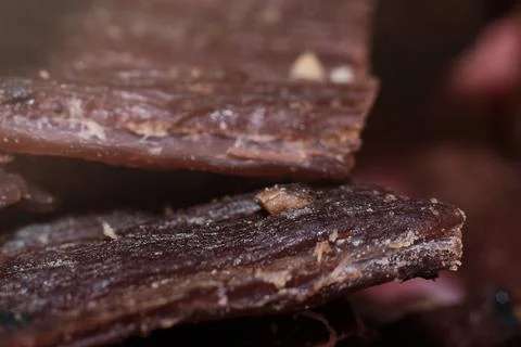 Close-up view of delicious savory beef jerky strips dried for snacking Stock Photos