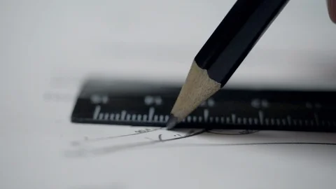 Close view designer draws with pencil and ruler on paper Stock Footage 101315952