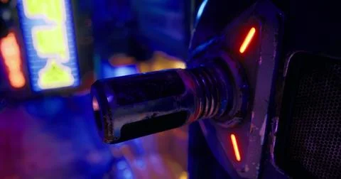Close up view of a detailed mechanical component in a vibrant neon lit settin 스톡 일러스트