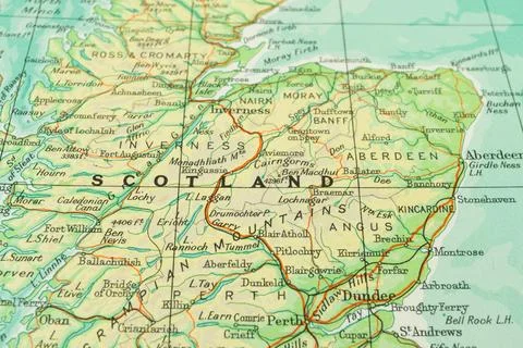 Close-up view of a detailed physical map showcasing Scotlands terrain and t.. Stock Photos