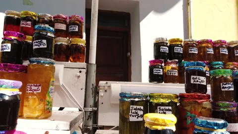 Close-up view of Different types Honey jars Stock Footage 146964022