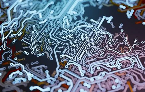 Close-up view on digital electronic circuit. Technology concept. 3D rendered  Stock-Fotos