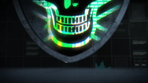 Close-up view of a digital skull emerging inside a security shield, symbolizing Stock Footage 328698011