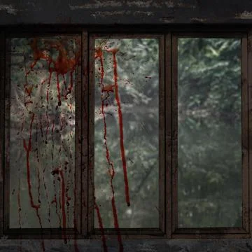 A close-up view of a dirty, weathered window frame covered in realistic blo.. Stock Photos
