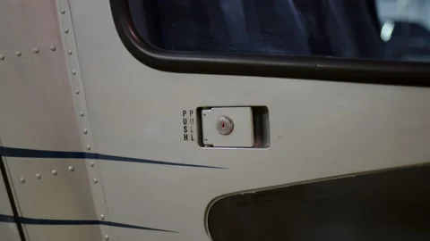Close view of door handle of helicopter or any air vehicle. Sign PUSH PULL Stock Footage 173879267