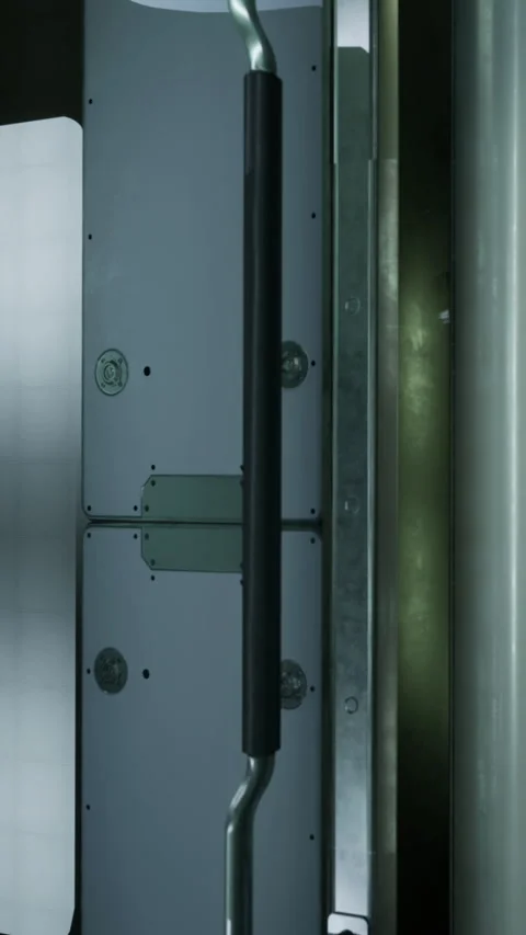 Close up view of a door handle in a modern building at night Vidéo 336172027