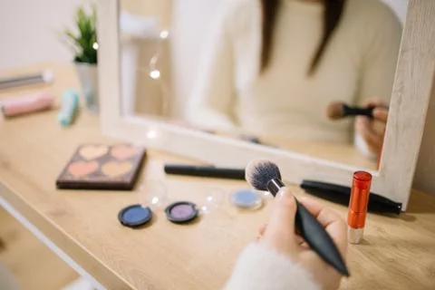 Close up view of a dressing table with makeup Stock Photos
