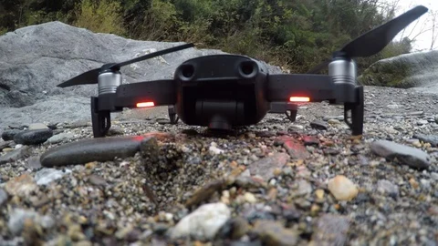 Close up view of the drone that moves the gimbal, takes off, lands Stock Footage 119818433