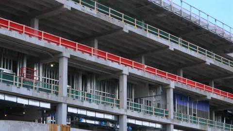 Close up view from drone of unfinished construction site of new hotel complex in Stock Footage 245955384