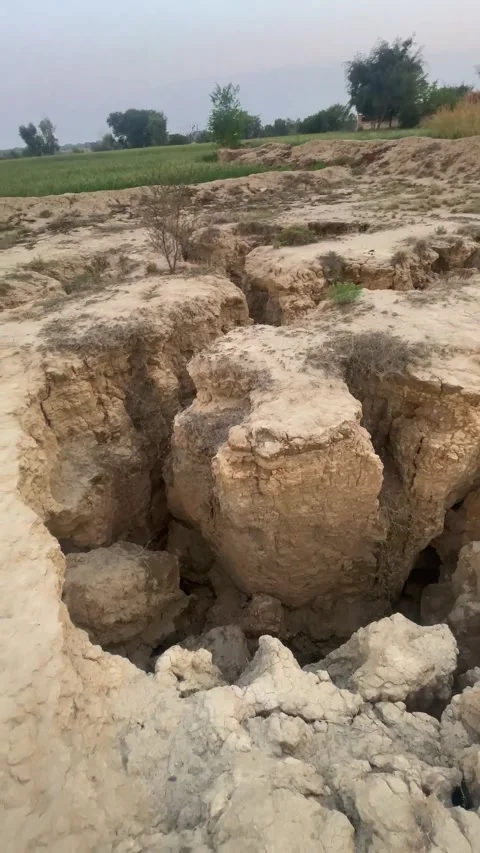 Close-up view of dry and cracked soil forming natural mounds in a rural village  스톡 동영상 343621739