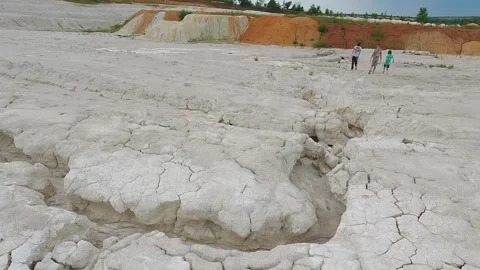 Close up view of dry cracked white kaolin clay soil texture on ground Stock Footage 344812273