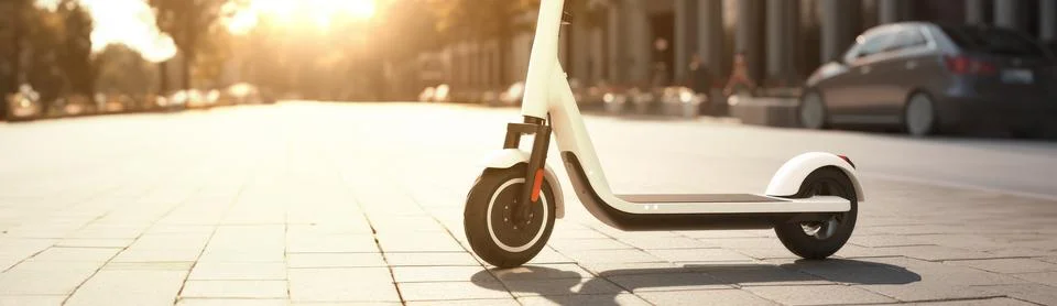 Close up view of e-scooter parked on sidewalk at cityscape on the sunset. Stock Photos