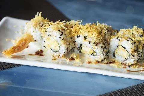 Close up view of Ebi ten roll sushi set with shrimp in tempura Stock Photos