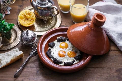 Close view of egg and beef, typical Moroccan breakfast Stock Photos