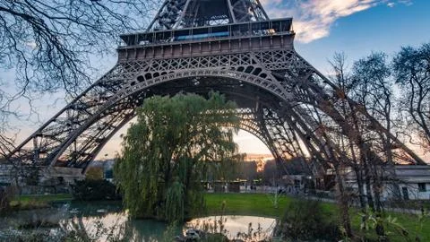 Close up view of the Eiffel tower in Paris at sunset Stock Photos