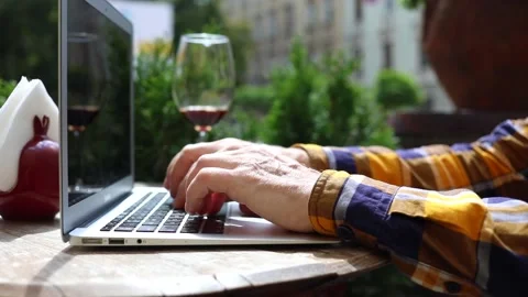 Close up view of elderly man hands typing text using laptop keyboard for working 스톡 동영상 163706584