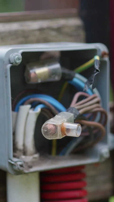 Close-up view of electrical junction box with visible wires and connectors Stock Footage 341439161