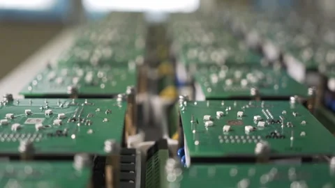 Close up view of electronic circuit board with microchips and components. Stock Footage 332532318