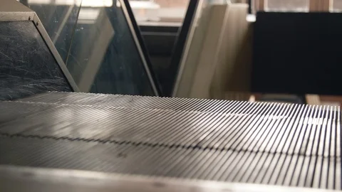 Close up view of empty moving escalator interior day Stock Footage 95652374