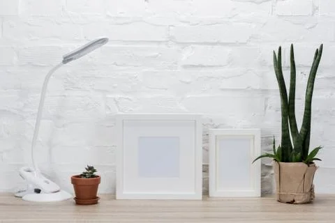 Close up view of empty photo frames, plants in flowerpots and table lamp on w 写真素材