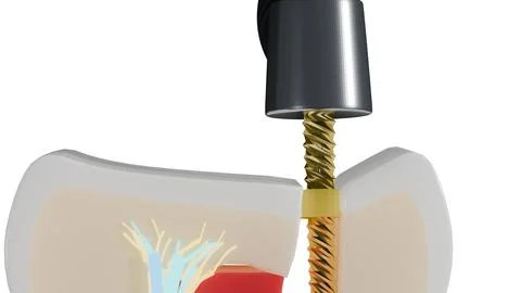Close view of endodontic rotary file inside molar root canal Stock Illustration