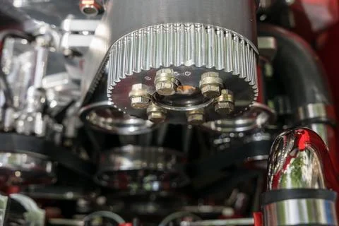 Close-up view of the engine compartment of a vintage car. Focus on foreground Фото