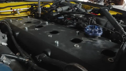 Close view of engine components. Detailed image displaying engine casing and Stock Footage 336862473