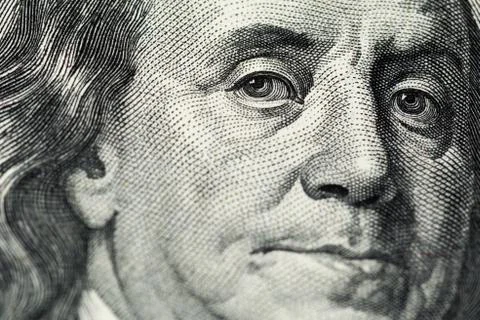 A close view of engraving portrait of Ben Franklin of old one hundred us dollars Stock Photos