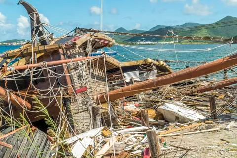 Close up view of entertainment ship completely toppled by hurricane Irma on S Stock Photos
