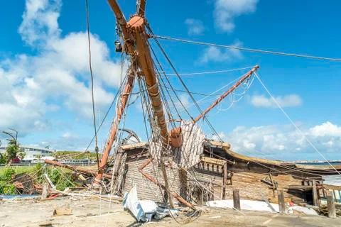 Close up view of entertainment ship completely toppled by hurricane Irma on S Stock-Fotos
