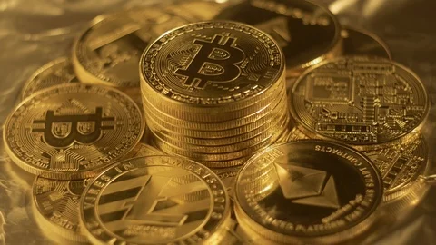 Close Up View of Ethereum Litecoin and Bitcoin. Gold Cryptocurrency Background Stock Footage 106705787