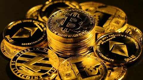 Close Up View of Ethereum Litecoin and Bitcoin. Gold Cryptocurrency Background Stock Footage 106706089