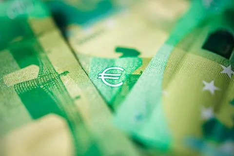 Close-up view of a Euro banknote showcasing intricate designs, security fea.. Stock Photos