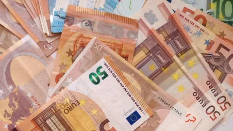 Close up view of euro banknotes, dynamic pile of cash in 50 and 100 euro de.. Stock Footage 339425490