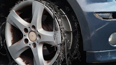 A close up view of an exploded tire on an abandoned car, with a tattered ru.. Stock Footage 339755320