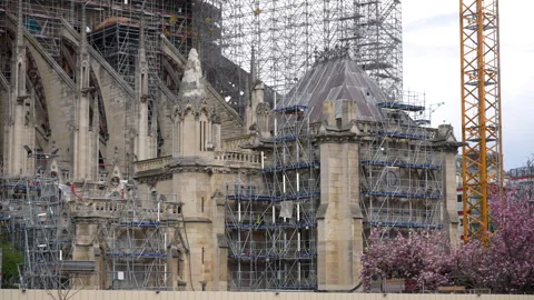 Close-up view facade of impressive fire damage Notre-Dame de Paris under giant Stock Footage 241819490