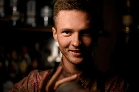 Close-up view of face of young smiling man. Male portrait. Stock Photos