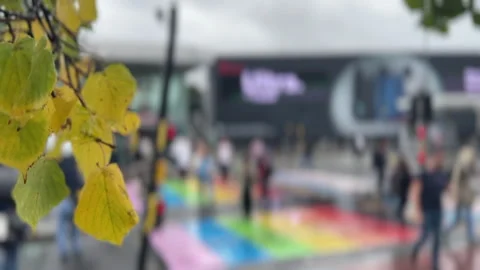 Close up view of fall leaf swaying with blurred background of people commuting,  Video stock 347083791