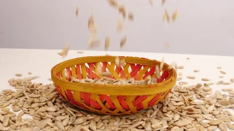 Close view of falling sunflower seeds into craft bowl Stock Footage 160885937