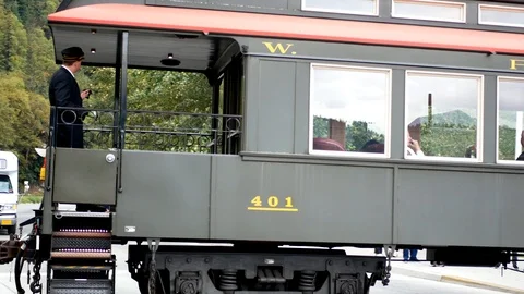 Close up view of famous White Pass and Yukon Route train going through town. Stock-Footage 122012570