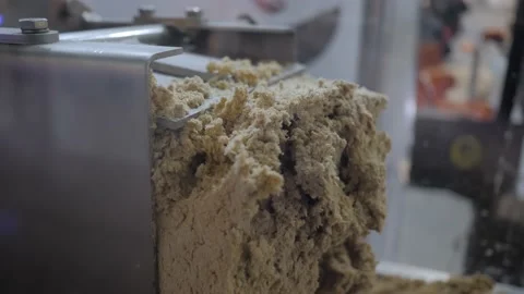 Close up view - feed extruder machine - pet mixed food production line Stock Footage 159374967