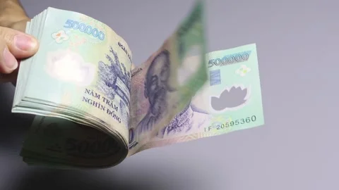 Close up view of female hands holding a stack of Vietnamese dong banknotes Stock Footage 304693690