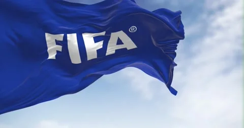 Close-up view of the Fifa flag waving in the wind Stock Footage 220446747