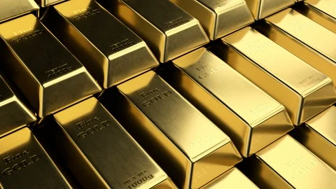 Close-up view of fine gold bar stacks Stock Footage 107195124