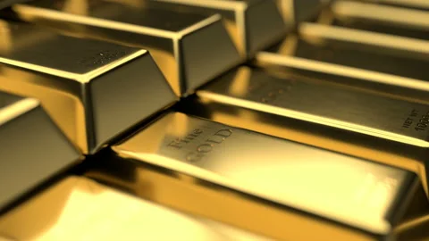 Close-up view of fine gold bars with interesting play of light and shadow Stock Footage 107317375
