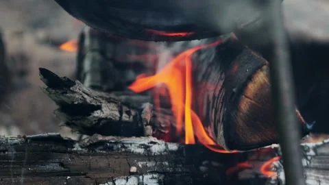 Close-up view of firewood logs burning with vibrant orange flames under dark Stock Footage 339865681