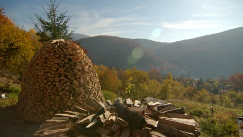 Close-up view of firewood in stack with mountains on the background. Camera Video stock 167337604
