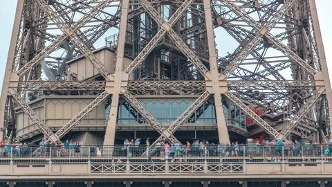 Close up view of first section of the Eiffel Tower timelapse in Paris, France 写真素材