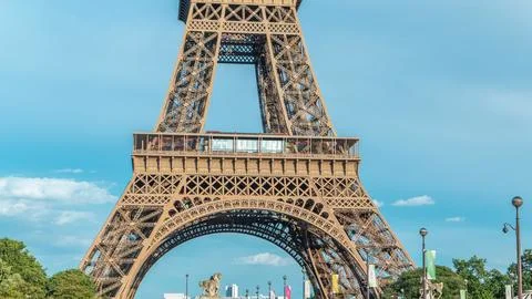 Close up view of first section of the Eiffel Tower timelapse in Paris, France Stock Photos